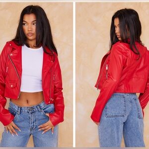 NWT; Pretty Little Thing Red Basic Faux Leather Biker Jacket❤️